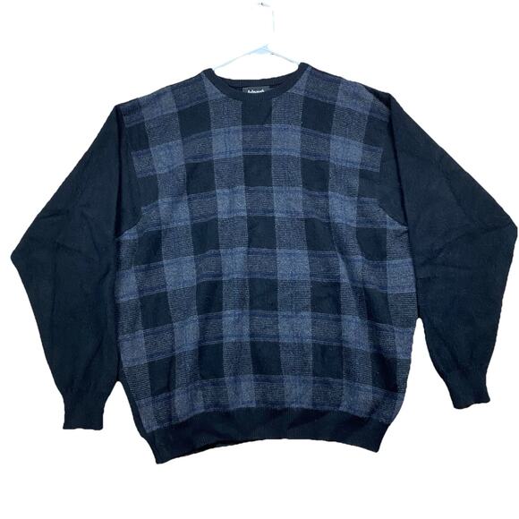 Vintage Mens Ashworth Wool Angora Sweater L Plaid Black Gray Made in Scotland - Picture 1 of 9